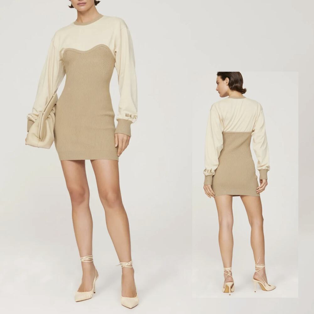 Hervé By Hervé Léger Tan Ribbed Sweatshirt Dress